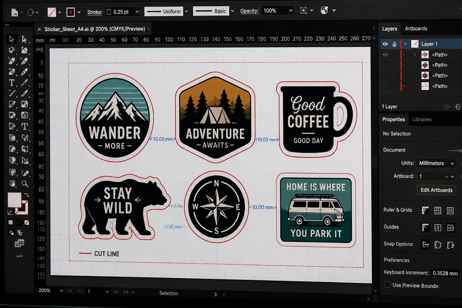 Digital workspace showing red cut lines with safety margins around them.