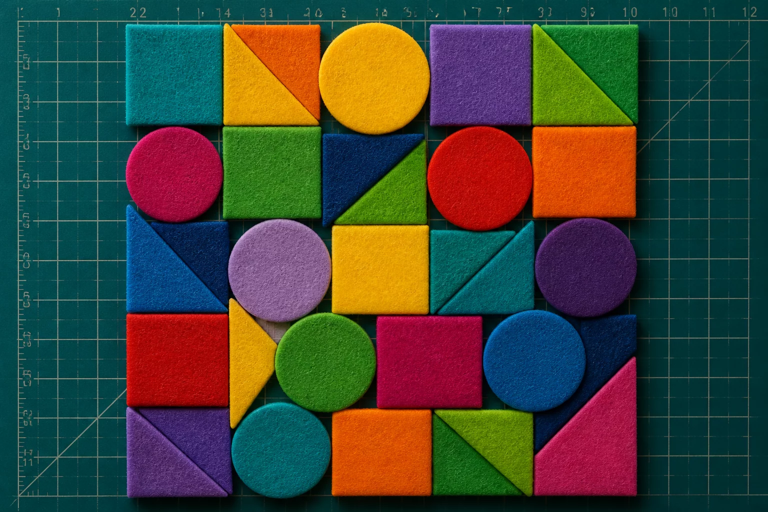 Triangles, circles, and squares arranged like a puzzle on a cutting mat.
