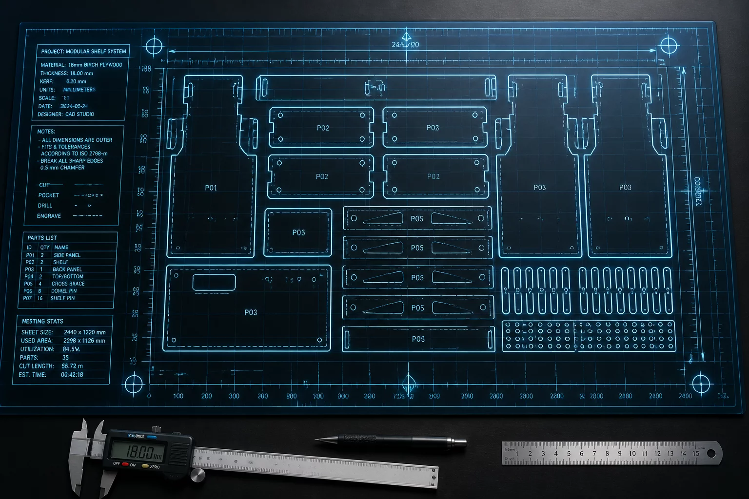 Production set layout and repeated geometry diagram on cutting mat