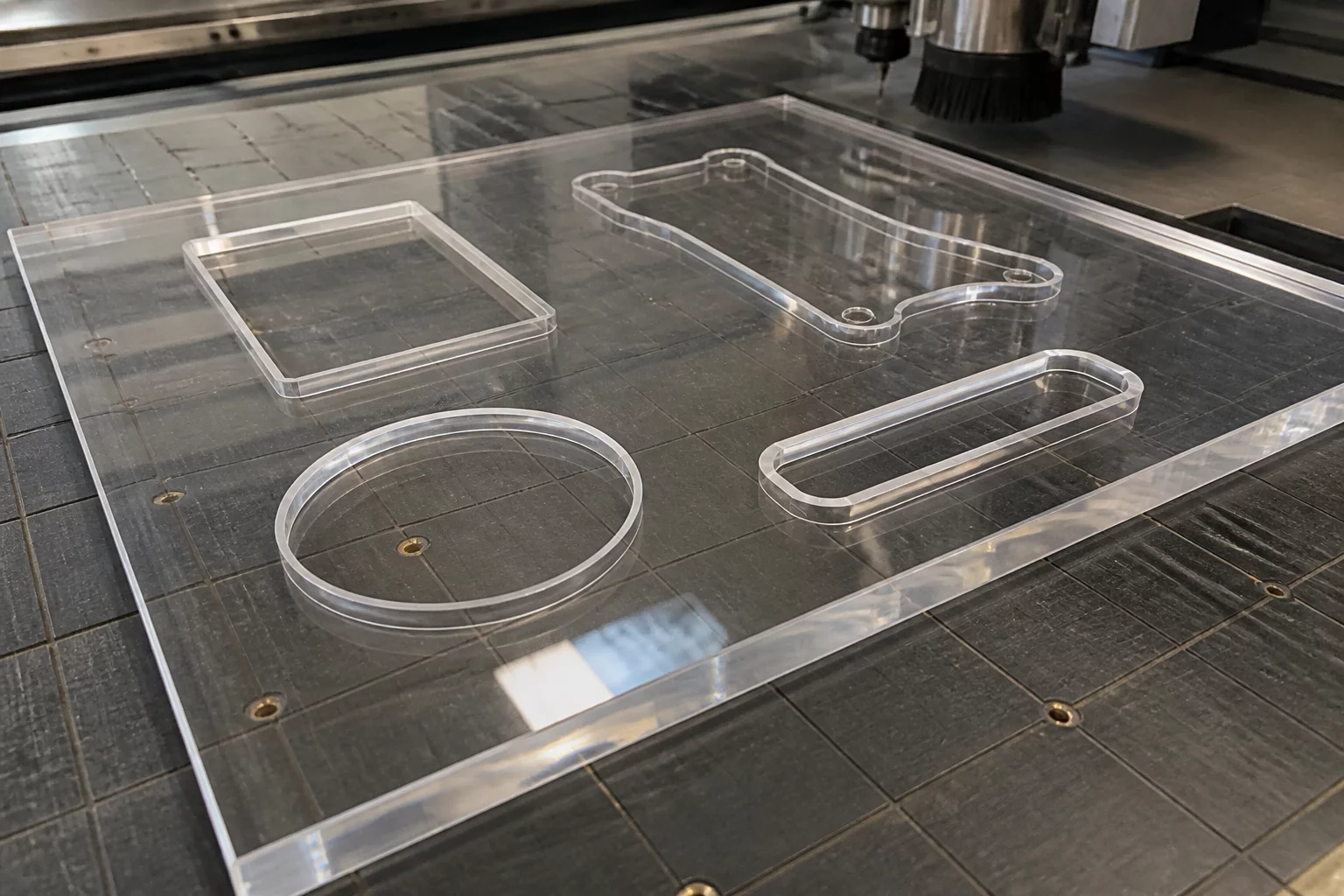 Thick acrylic sheet with wide spacing between cut parts to prevent cracking.
